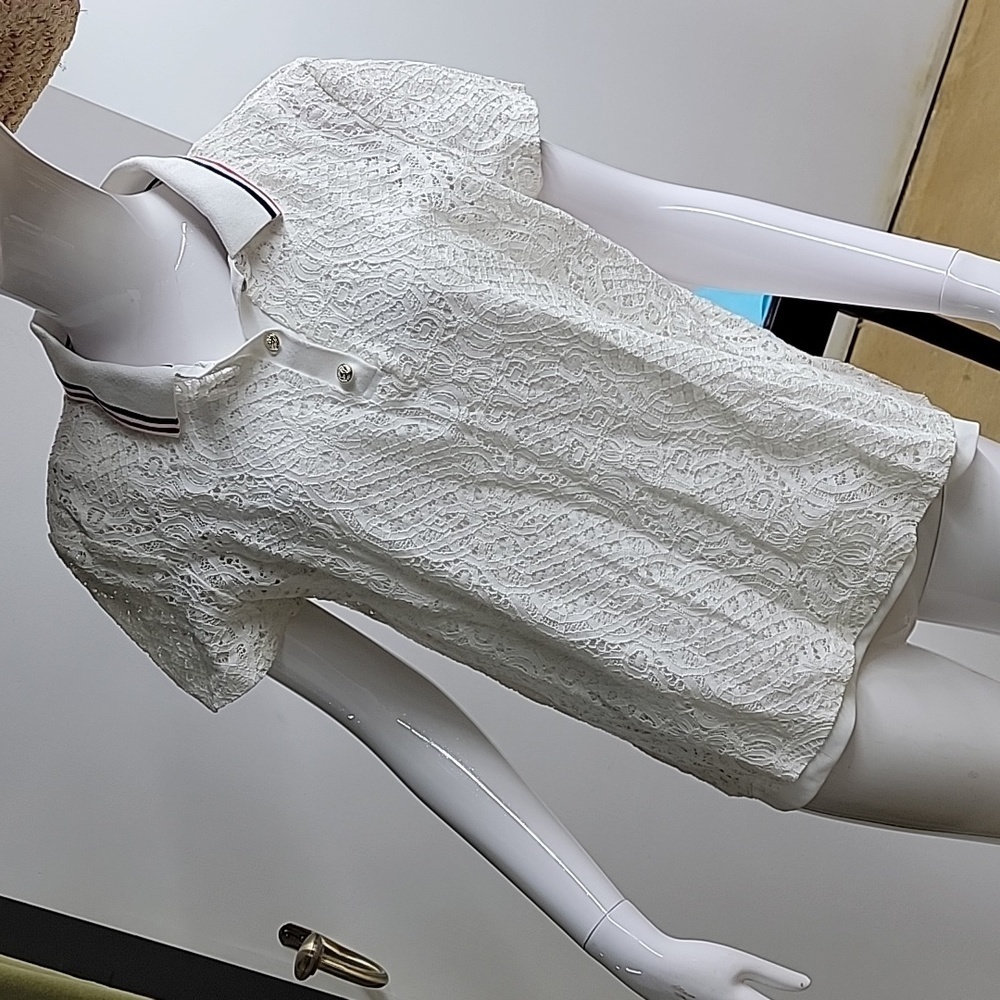 TOMMY HILFIGER White Lacey Lace Polo Short Sleeve Point Collar Top Size Large